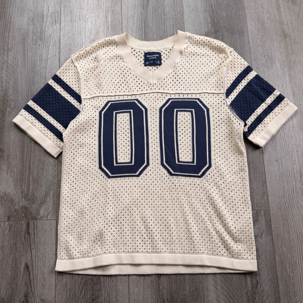 Abercrombie & Fitch mens XS Cream Mesh Knit Football Jersey 00 Sweater